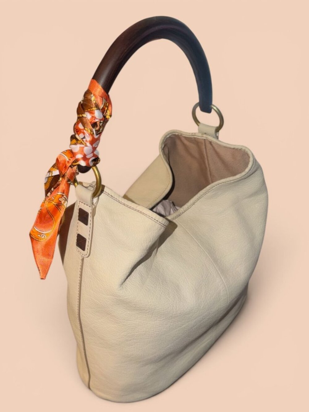 VTG J Crew Horn Handle Hobo Bone White Pebbled Leather Slouchy Shoulder Bag Boho - Picture 5 of 11